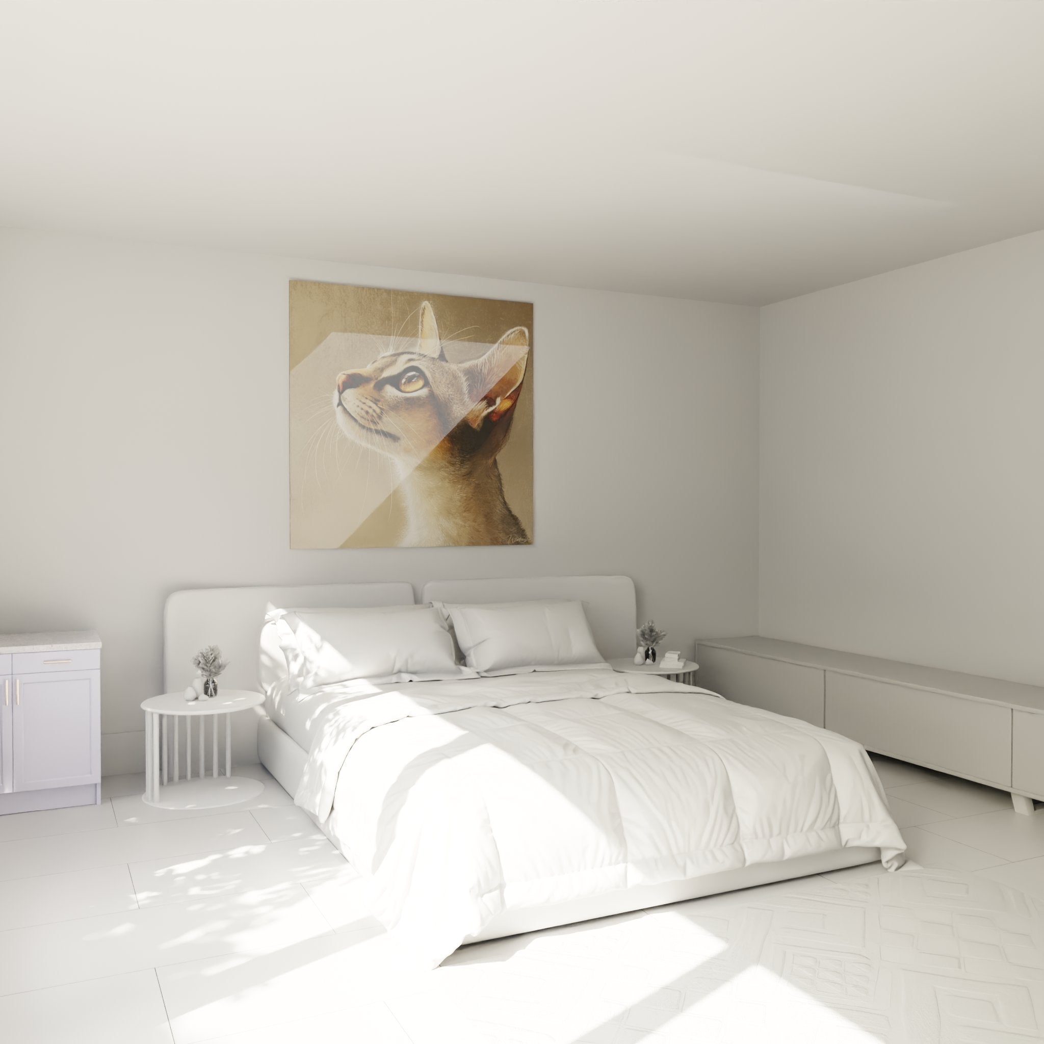 Contemplative Singapura cat painting elegantly decorating a modern bedroom with neutral tones