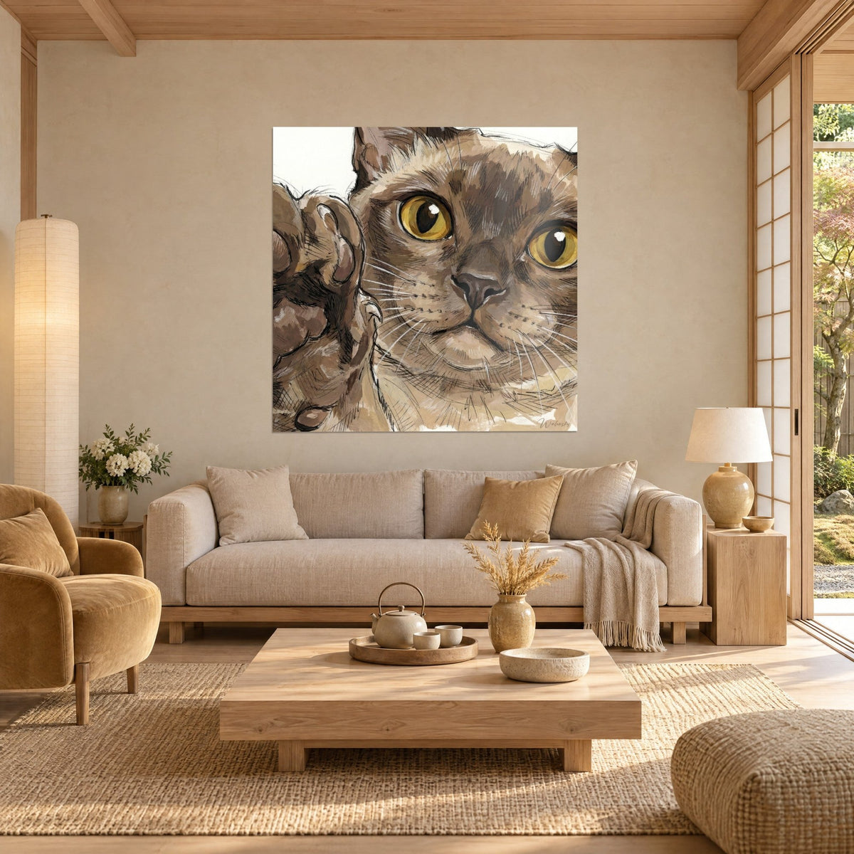 Tableau chat burmese aux yeux ambre, patte marron levée, fond crème, au-dessus d'un canapé dans un salon lumineux