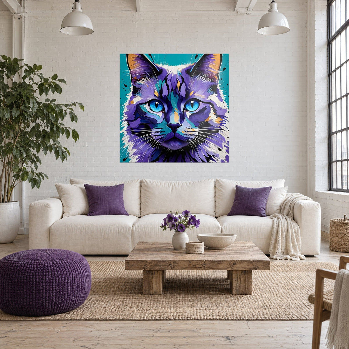 Cuadro retrato de gato Birmano de ojos azul celeste, pelaje violeta y blanco sobre fondo turquesa, encima de un sofá en un salón luminoso