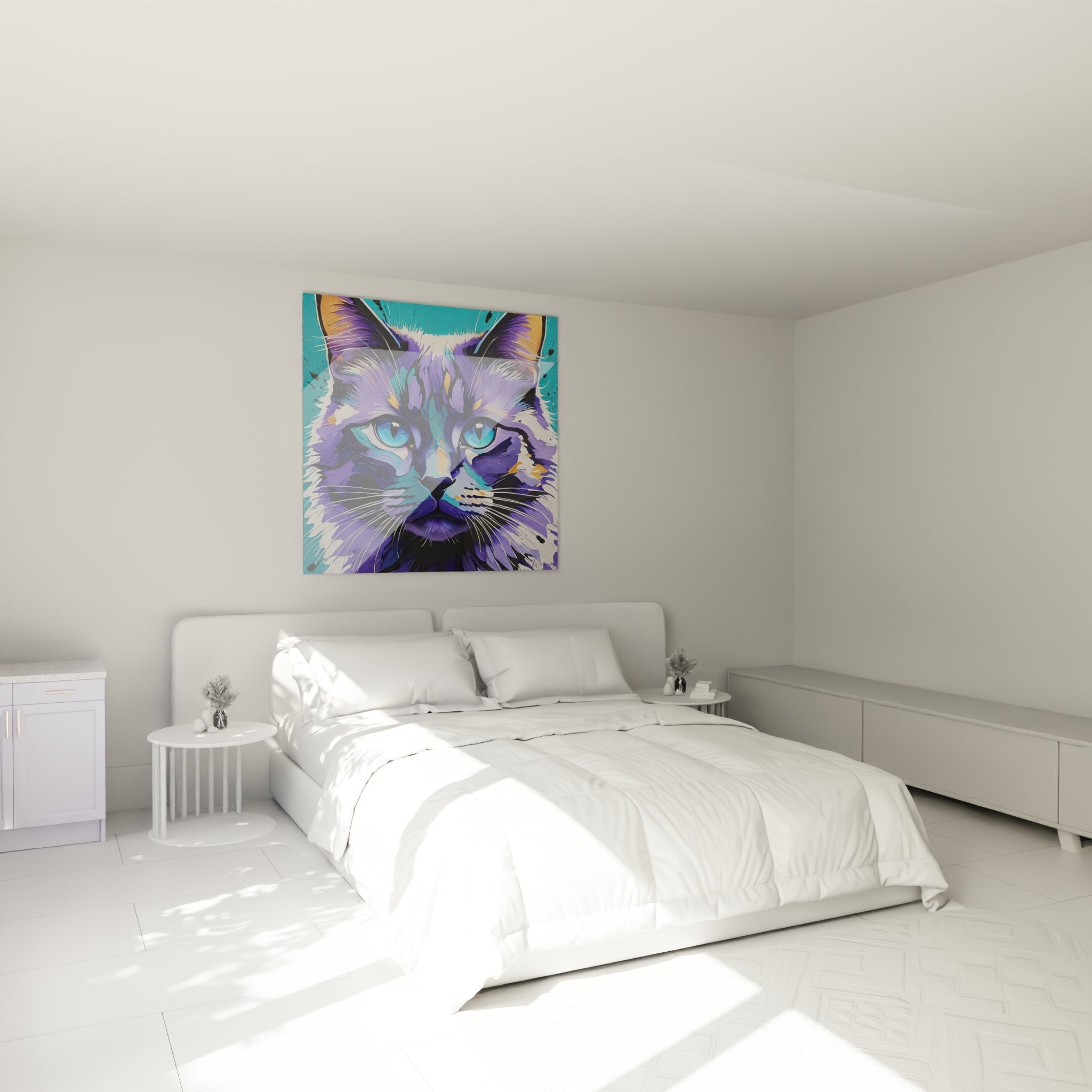 Decorazione murale gatto birmano colorato in camera moderna con atmosfera artistica contemporanea