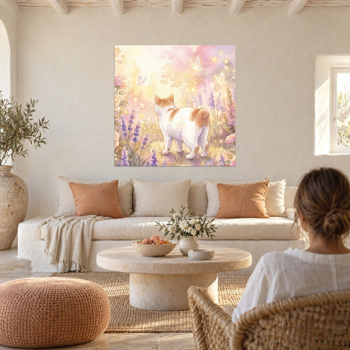 Wall art white and ginger cat seen from behind among purple lavender, golden glints, above a sofa in a bright living room