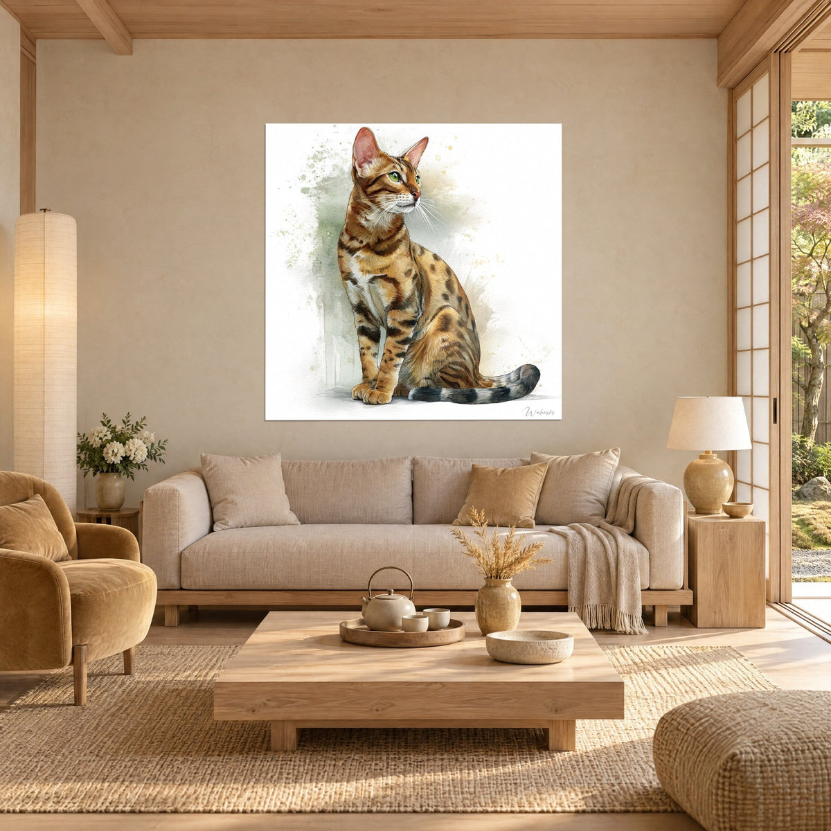 Schilderij van een gevlekte wilde kat met rossig en zwart vacht, groene blik opzij gericht, saliegroene aquarelachtergrond, boven een bank in een lichte woonkamer