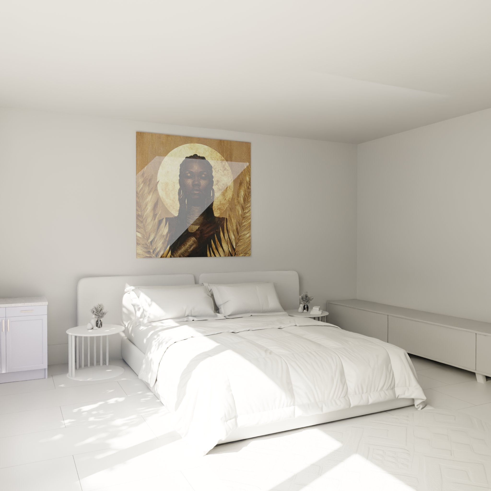 Decorazione murale camera da letto con quadro donna africana dai riflessi dorati che crea un'atmosfera calorosa