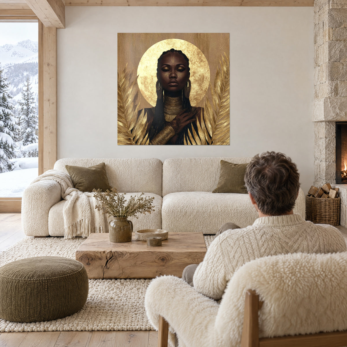 Gemälde afrikanische Göttin mit gehämmertem goldenem Nimbus, goldenen Palmwedeln und Goldketten; Rückenansicht eines Paares über einem Sofa in einem lichtdurchfluteten Wohnzimmer