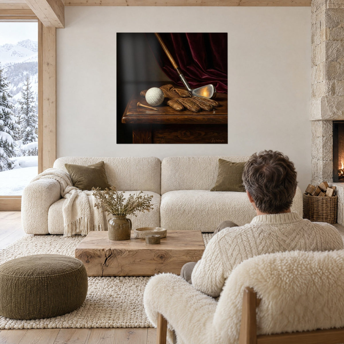 Wall art silver golf club resting on an amber leather glove, burgundy curtain, seen from behind above a sofa in a bright living room