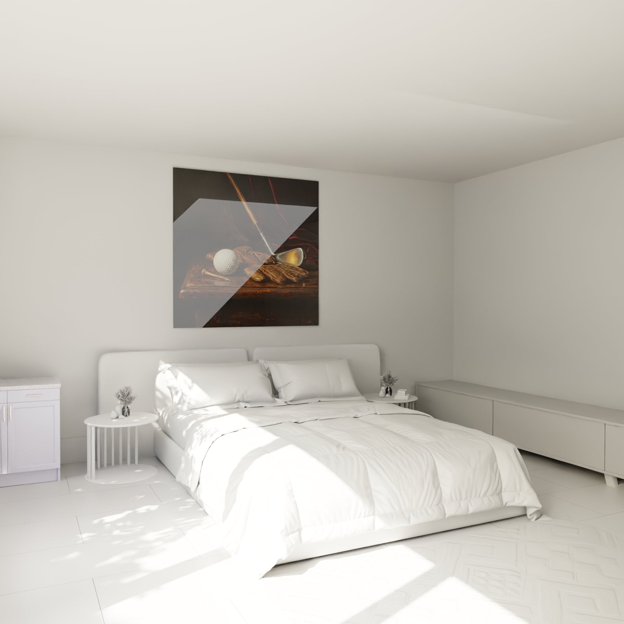 Tableau golf vintage installe dans chambre moderne, nature morte elegante avec accessoires golf authentiques