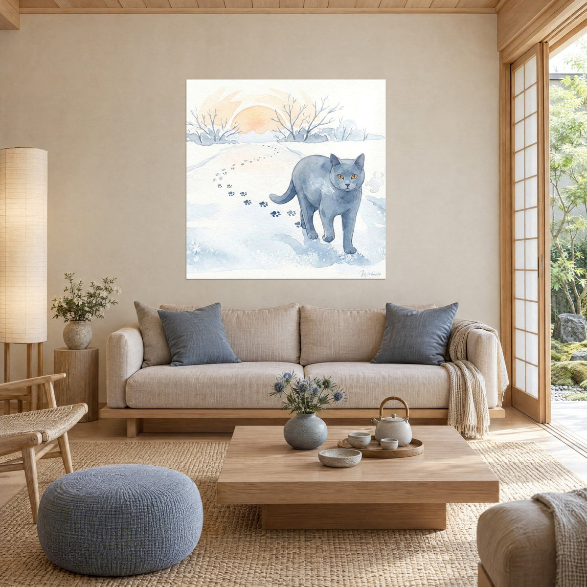 Wall art grey-blue Chartreux cat with amber eyes in the snow, orange sun in the background, above a sofa in a bright living room