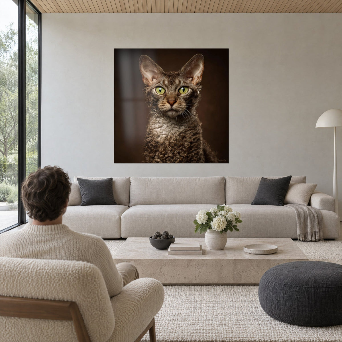 Wall art feline with anise-green eyes and curly brown coat, chocolate background, above a sofa in a bright living room