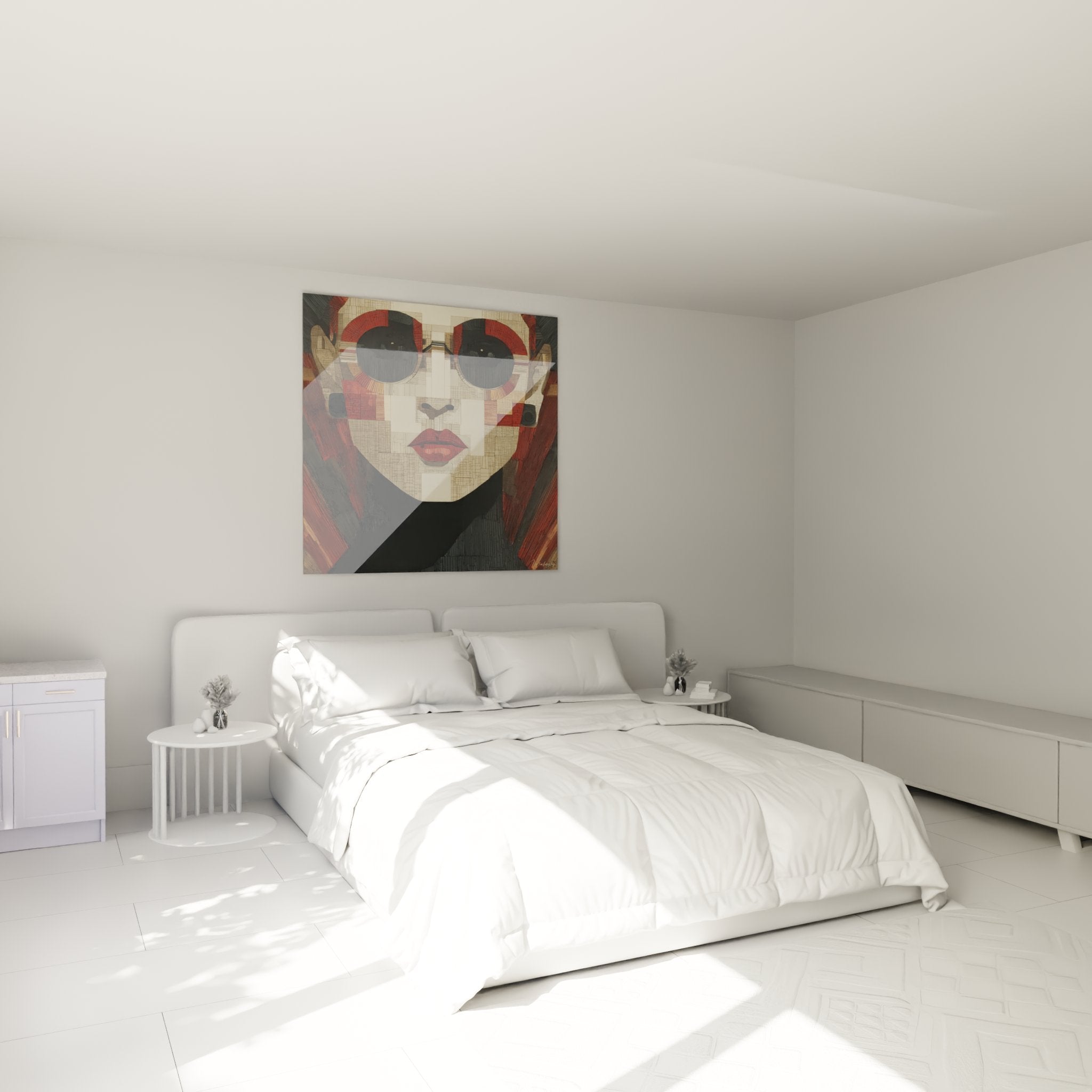 Porträtgemälde Art-Deco-Frau mit Brille im modernen Schlafzimmer elegante Wanddekoration warme Töne