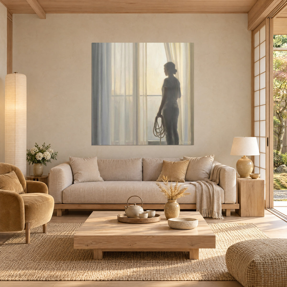 Cuadro silueta de mujer a contraluz, moño suelto, cortinas de voile gris perla y amarillo pálido, sobre un sofá en un salón luminoso