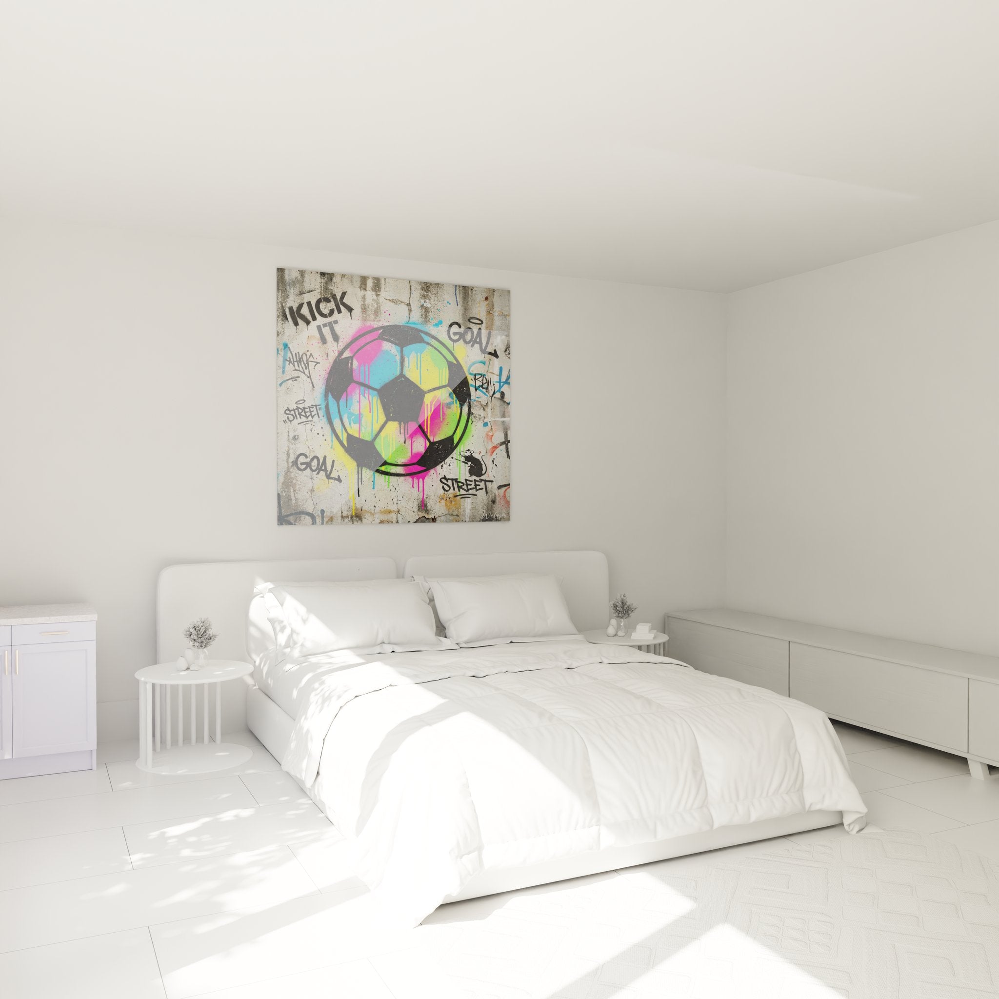 Decoration murale football street art dans chambre moderne avec ballon aux couleurs vives style graffiti