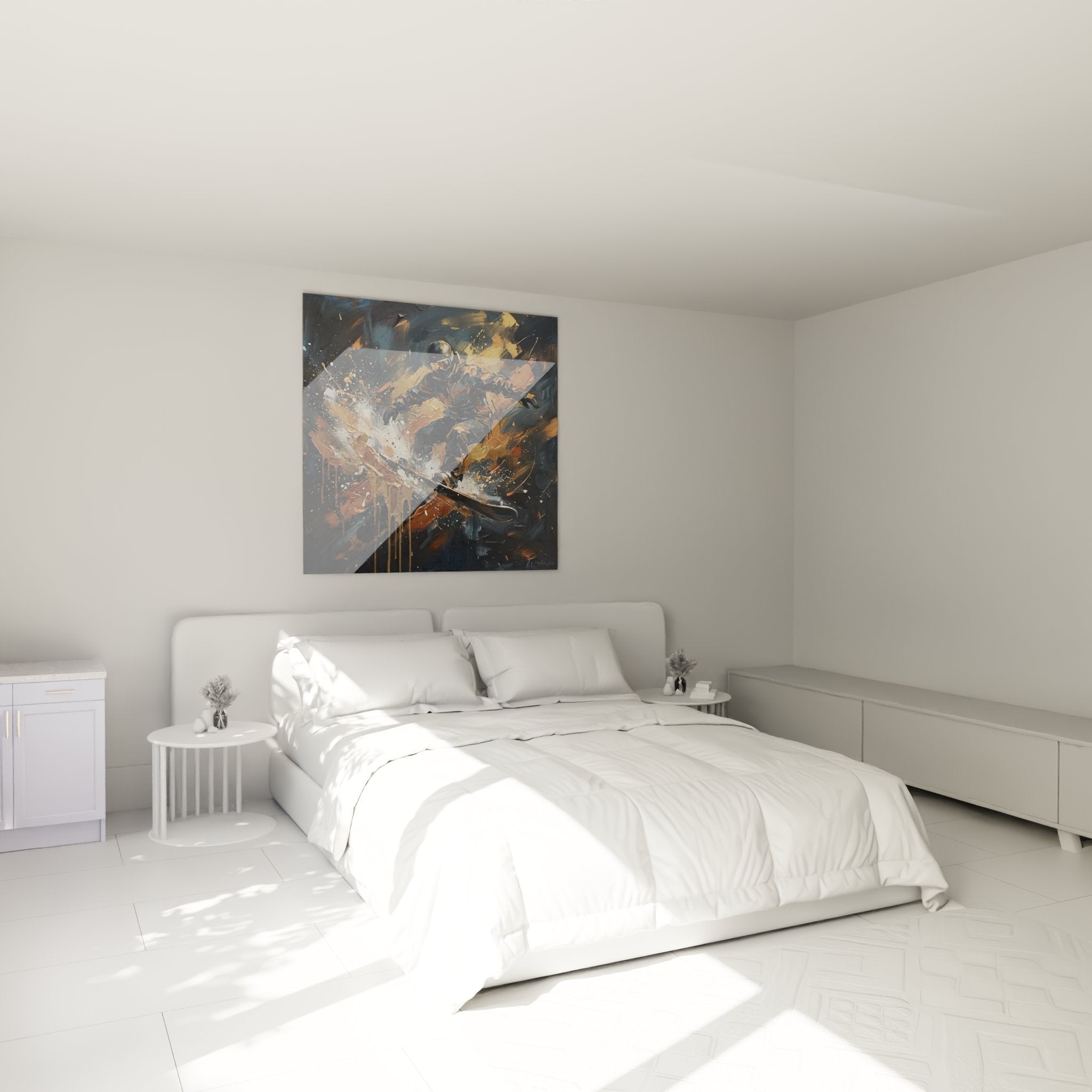 Tableau snowboard artistique accroche dans chambre moderne avec eclairage tamisé decoration murale sport extreme