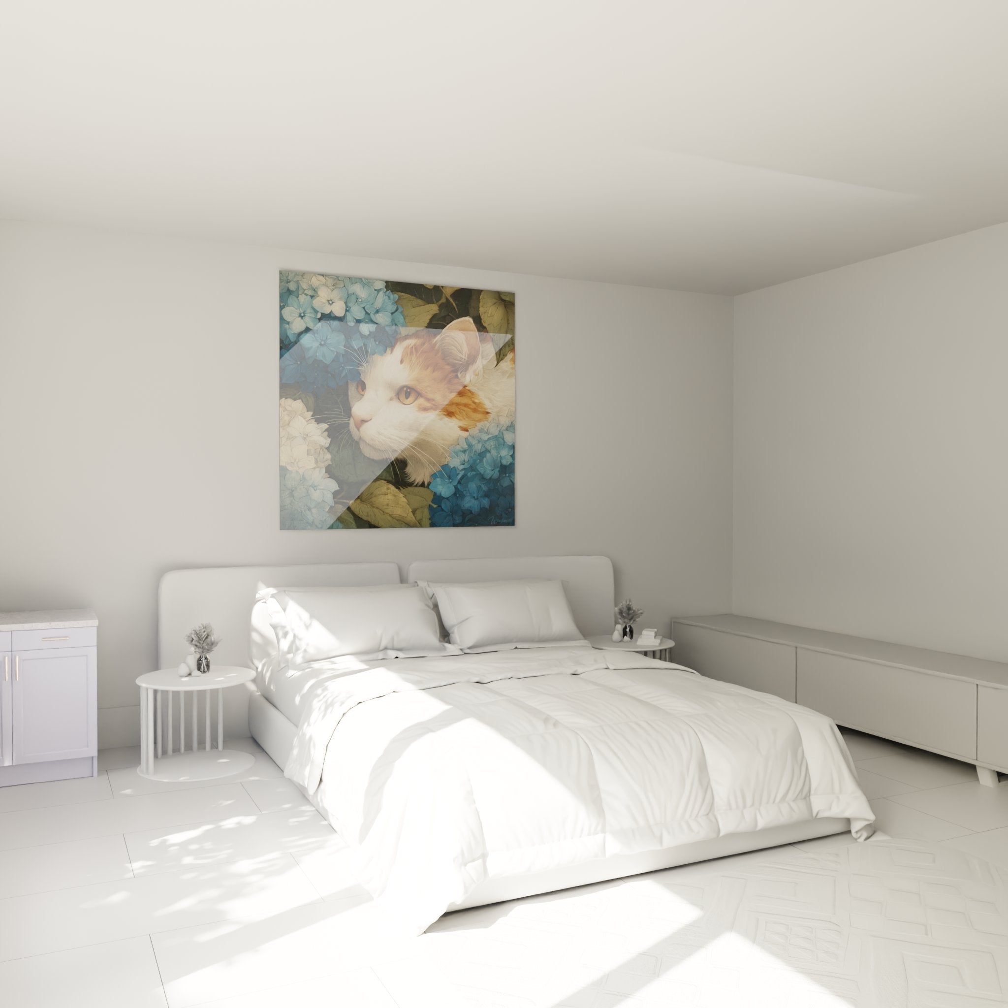 Décoration murale chambre avec tableau chat Turkish Van aux hortensias bleus, ambiance apaisante et naturelle