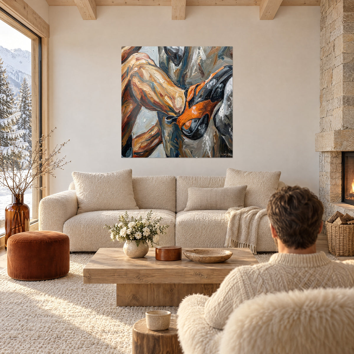 Wall art of a climber with ochre and orange muscles, oil impasto on a grey-blue background, hanging above a sofa in a bright living room