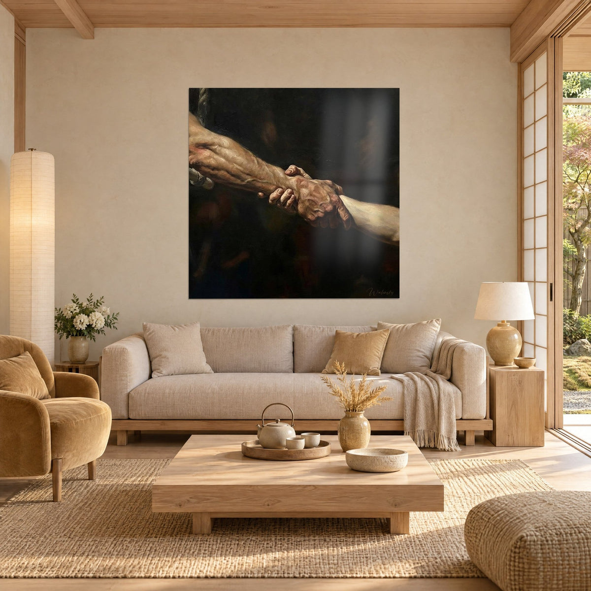 Gemälde Handschlag in Öl gemalt, muskulöser ockerfarbener Arm und cremefarbener Ärmel auf schwarzem Hintergrund, über einem Sofa in einem hellen Wohnzimmer