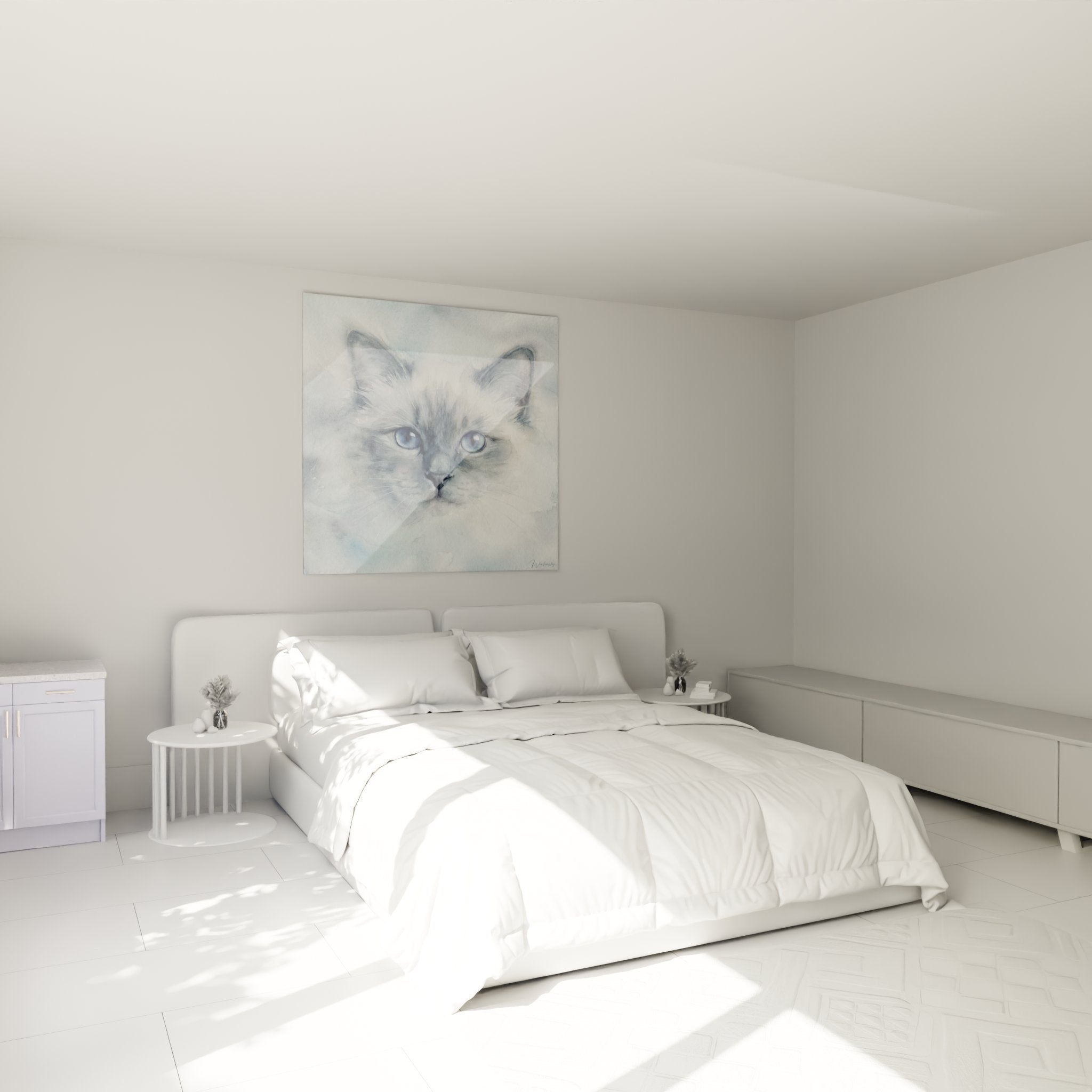 Decorazione camera da letto con quadro gatto birmano occhi blu, atmosfera rilassante e raffinata