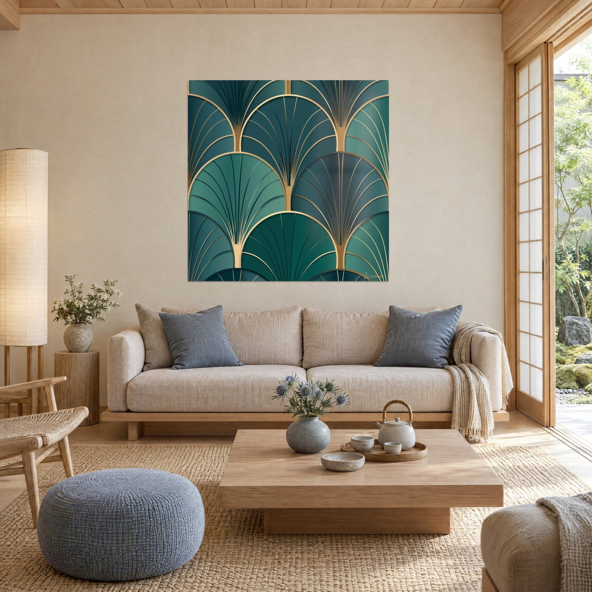 Tableau éventails Art déco vert émeraude cernés de filets dorés, accroché au-dessus d'un canapé dans un salon lumineux