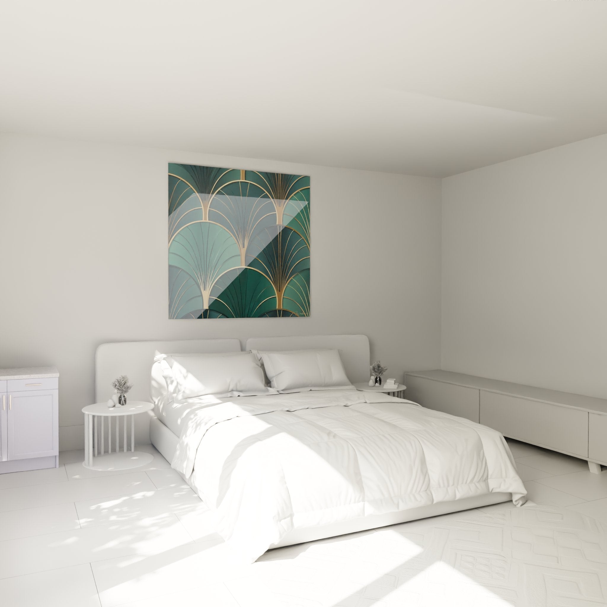 Art-Deco-Gemälde mit goldenen Mustern in modernem Schlafzimmer installiert, elegante Wanddekoration in Grün und Gold