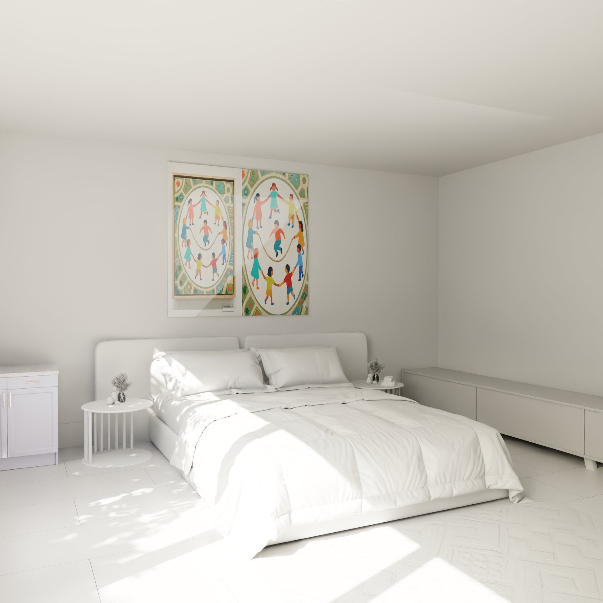 Tableau enfants corde à sauter accroché dans une chambre d'enfant aux murs pastel avec mobilier ludique