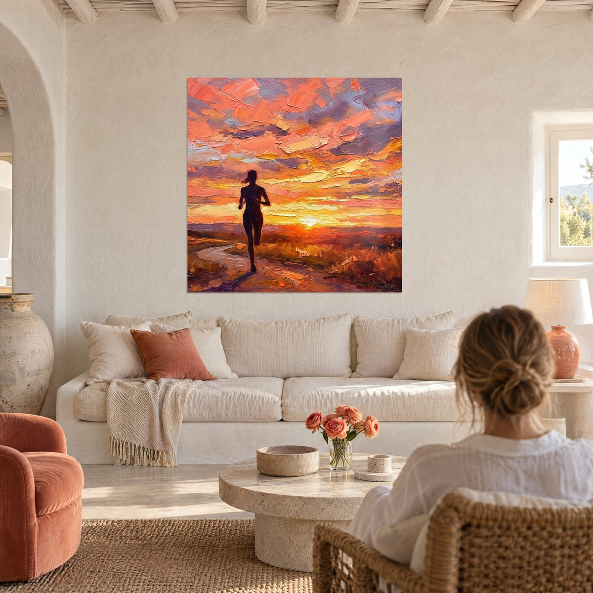 Gemälde einer Läuferin als Silhouette auf einem kurvigen Pfad, dichter Himmel in Koralle und Violett, über einem Sofa in einem hellen Wohnzimmer