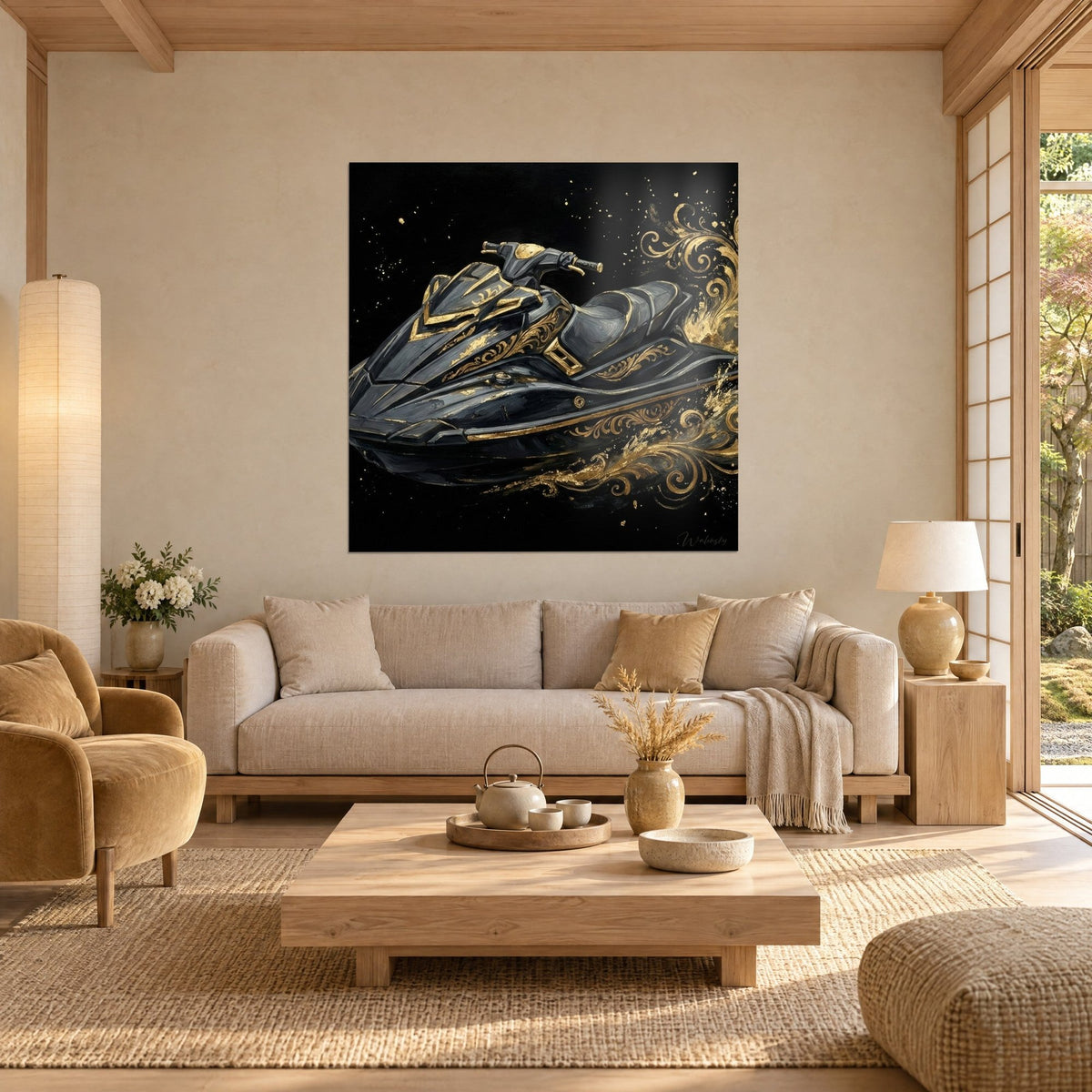 Gemälde Wasserscooter in Anthrazit mit goldenen Barockschnörkeln auf schwarzem Grund, über einem Sofa in einem hellen Wohnzimmer