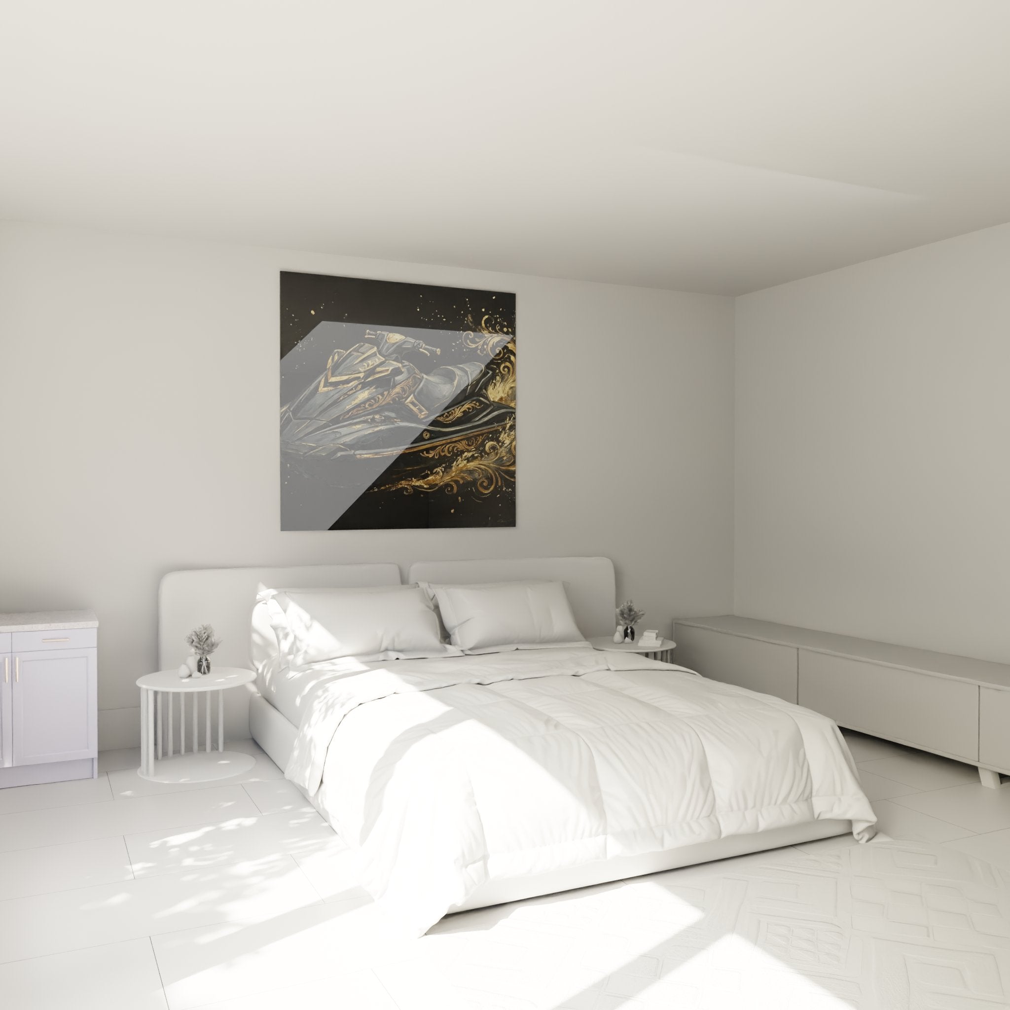 Décoration murale jetski ornements dorés dans chambre moderne, tableau nautique élégant