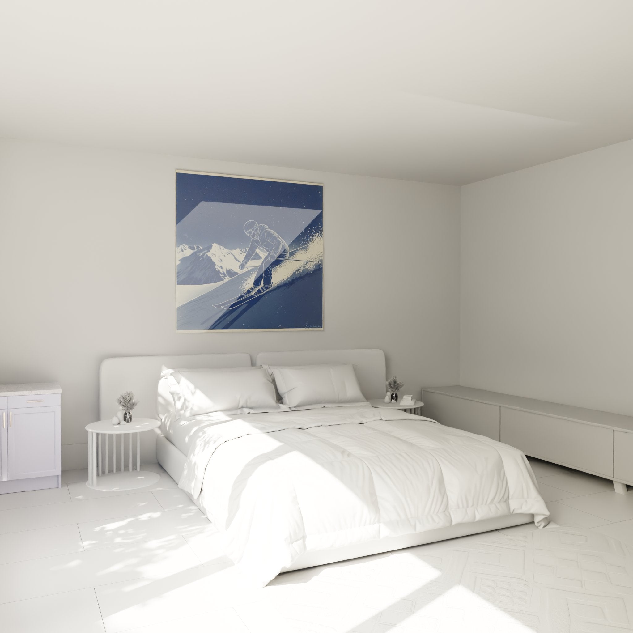 Décoration murale ski dans chambre moderne avec tableau skieur descendant piste enneigée