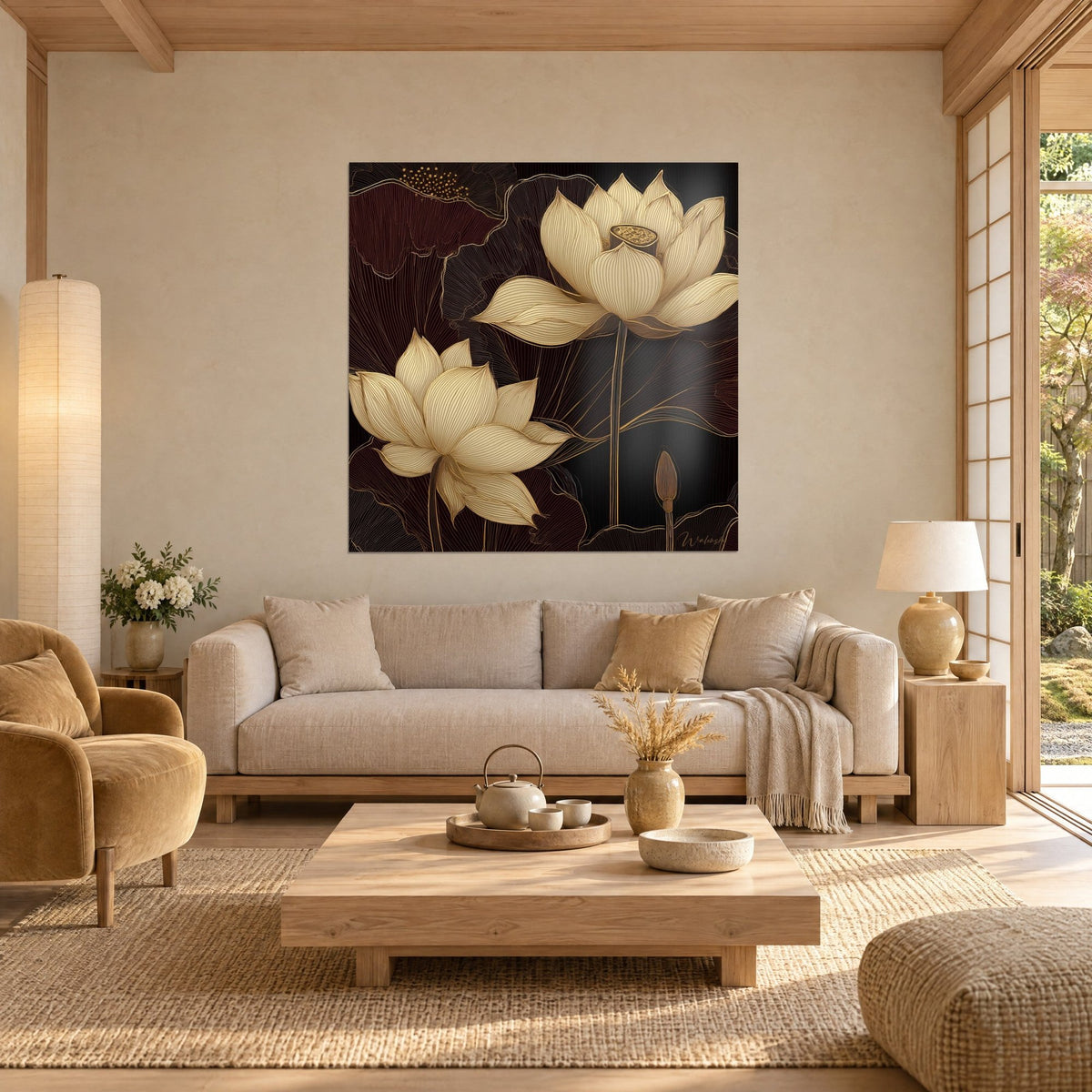Gemälde mit cremefarbenen Lotusblüten und goldener Linienführung auf dunkel bordeauxrotem Grund, geäderte Blätter, über einem Sofa in einem lichtdurchfluteten Wohnzimmer