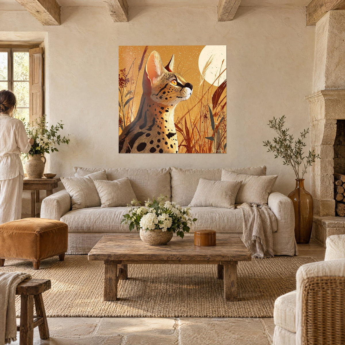 Gemälde Serval mit gefleckter Fellzeichnung, der die Schnauze zu einem cremefarbenen Mond hebt, Hintergrund in Ocker und Braun, über einem Sofa in einem hellen Wohnzimmer