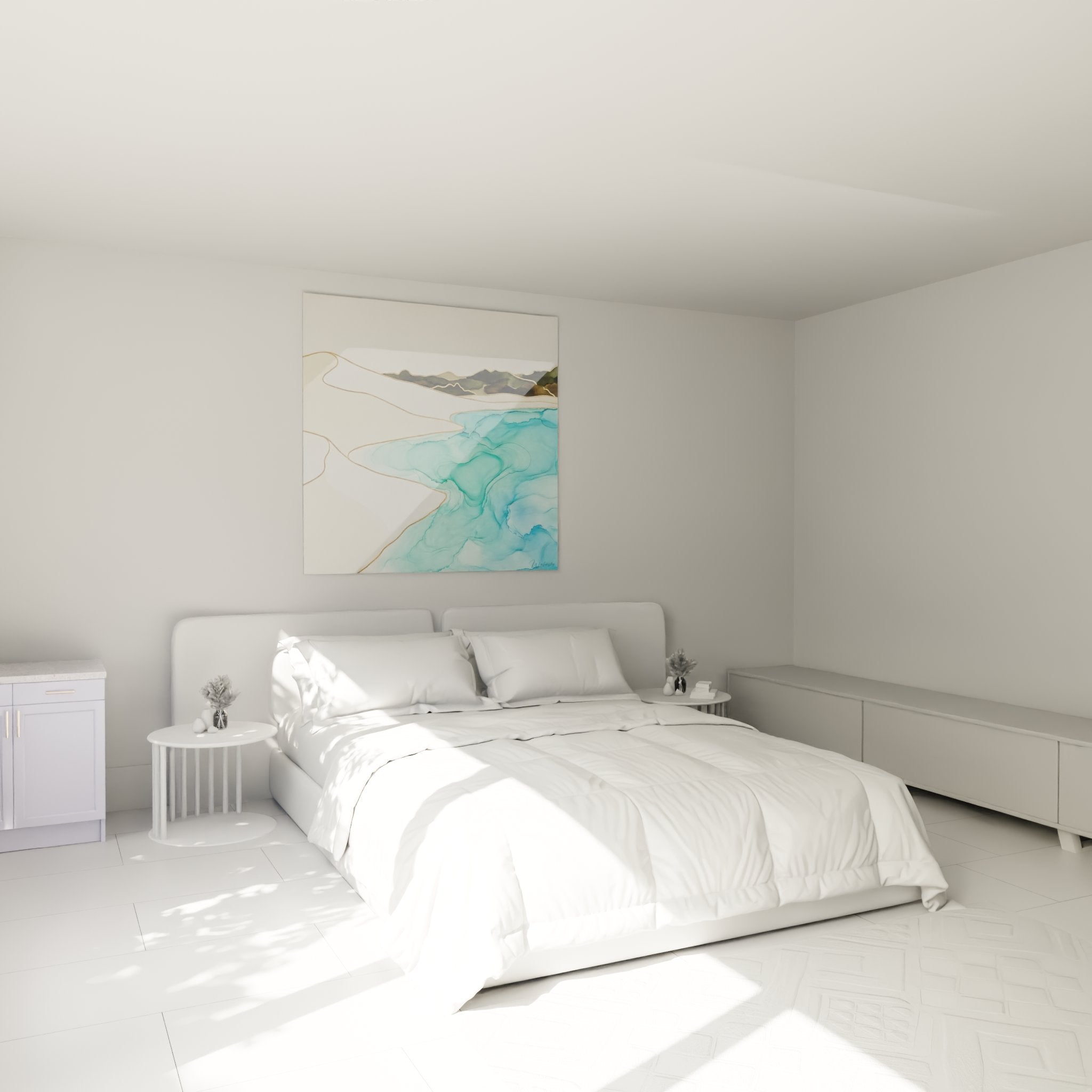 Tableau calanque corse installé dans une chambre moderne, créant une ambiance méditerranéenne apaisante