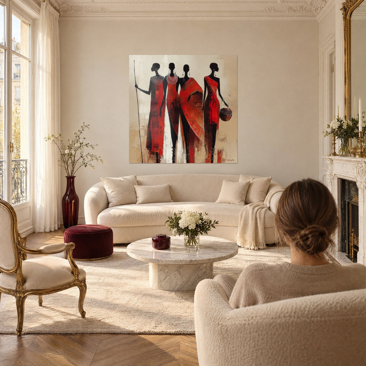 Schilderij vier zwarte silhouetten in fel rode jurken op beige achtergrond, met speer en kruik, boven een bank in een lichte woonkamer