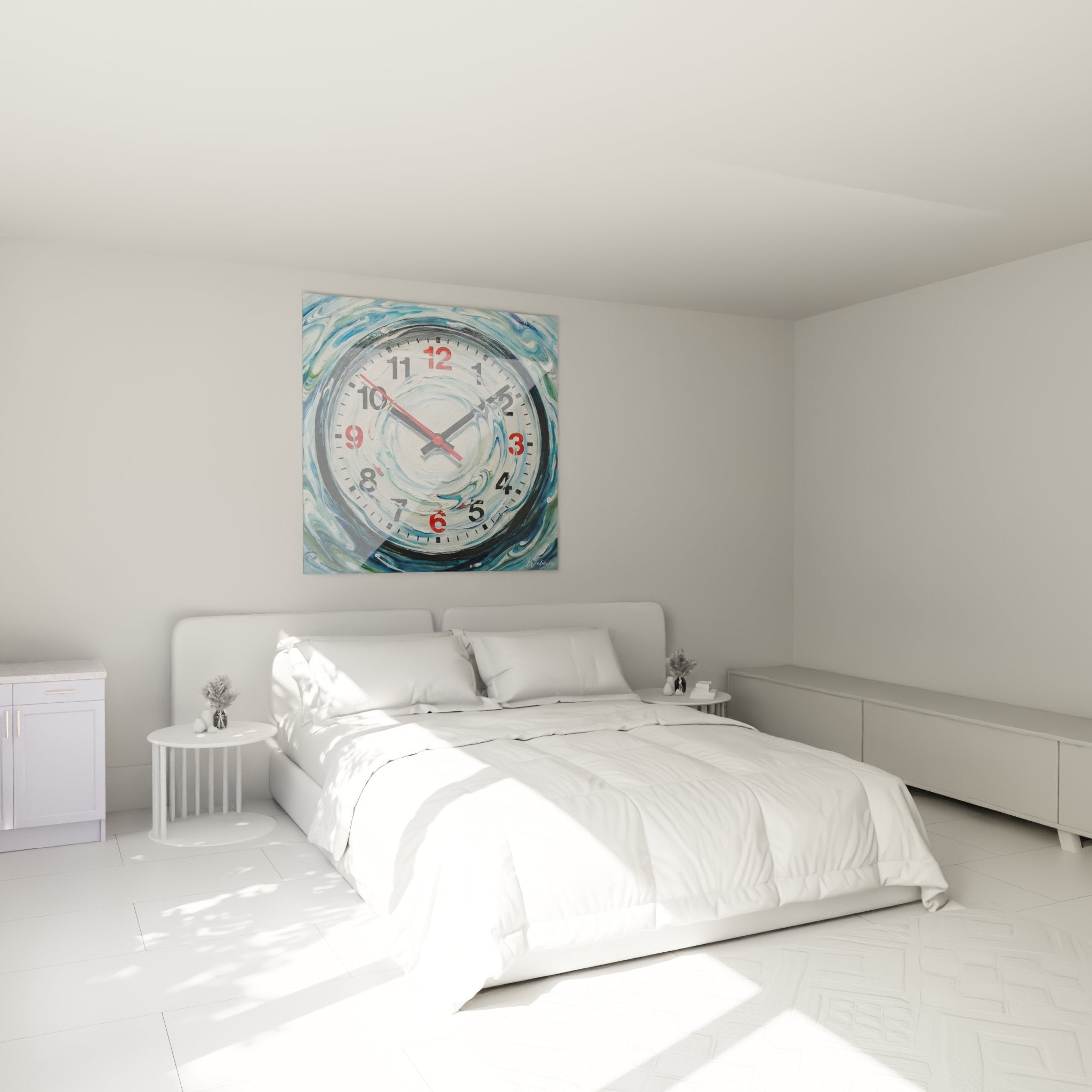 Horloge murale vortex aquatique dans chambre moderne, decoration murale bleue et blanche design contemporain