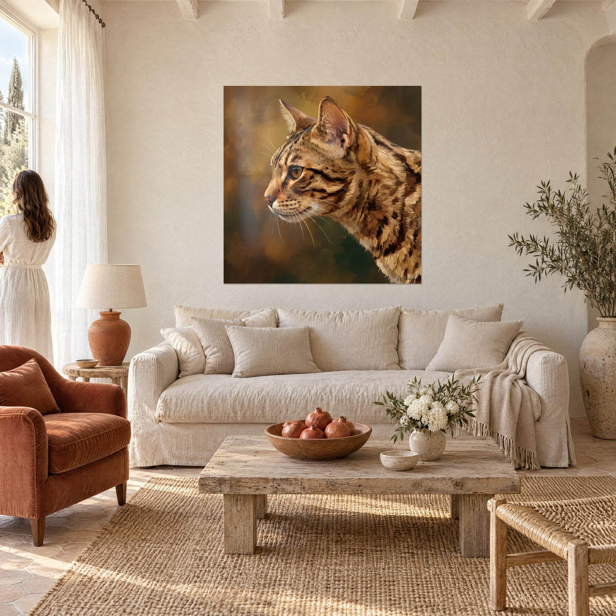 Quadro gatto Ocicat di profilo, manto maculato ocra e marrone su fondo dorato, sopra un divano in un soggiorno luminoso