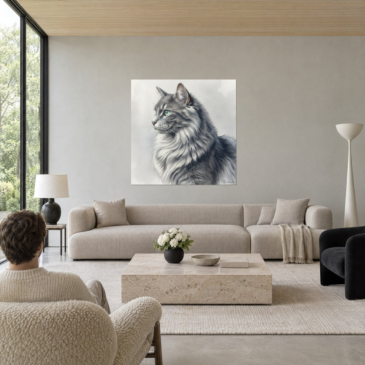 Wall art silver-grey long-haired cat, emerald green eye, white ruff, two people seen from behind, above a sofa in a bright living room
