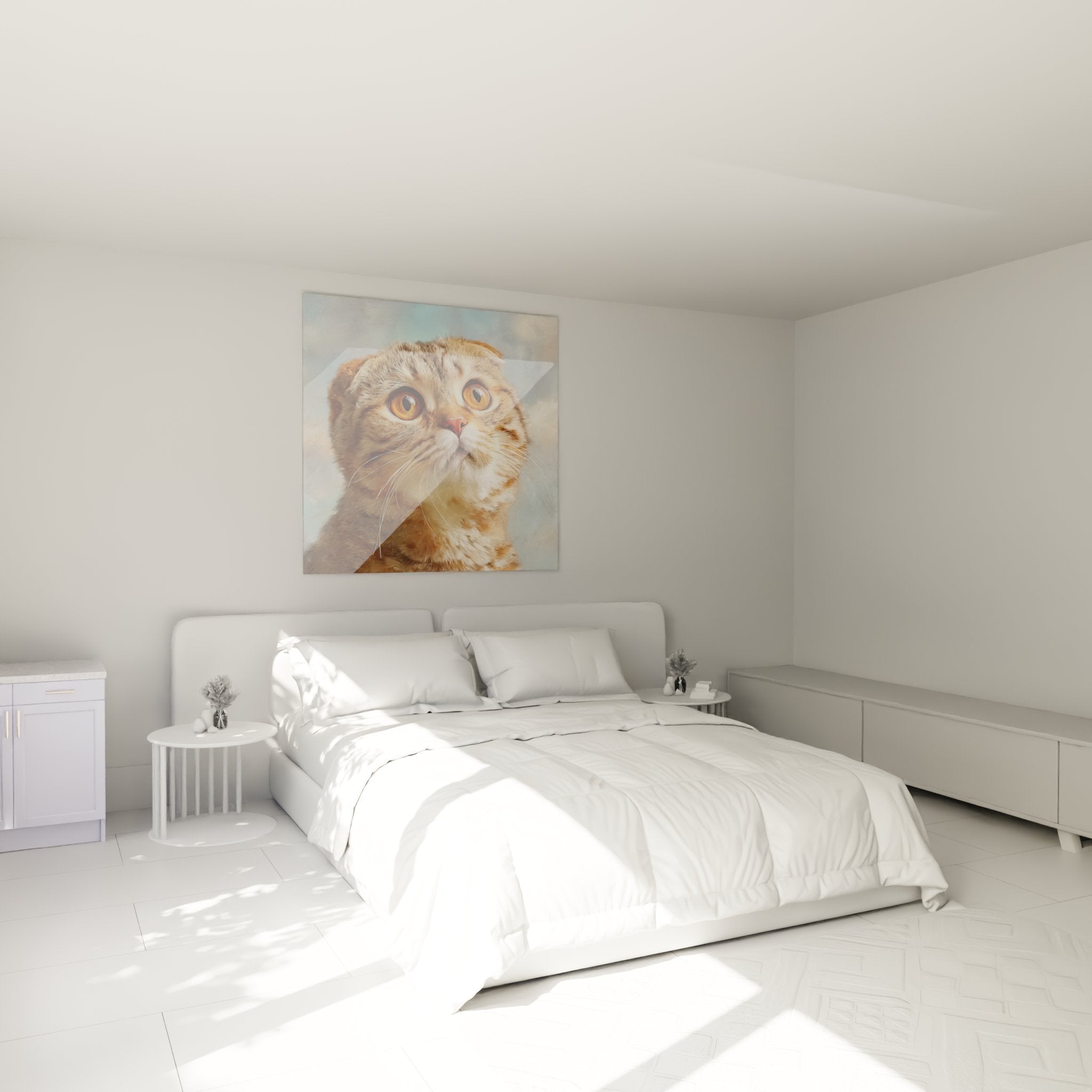 Tableau chat Scottish Fold yeux ambre dans chambre moderne decoration murale art felin contemporain