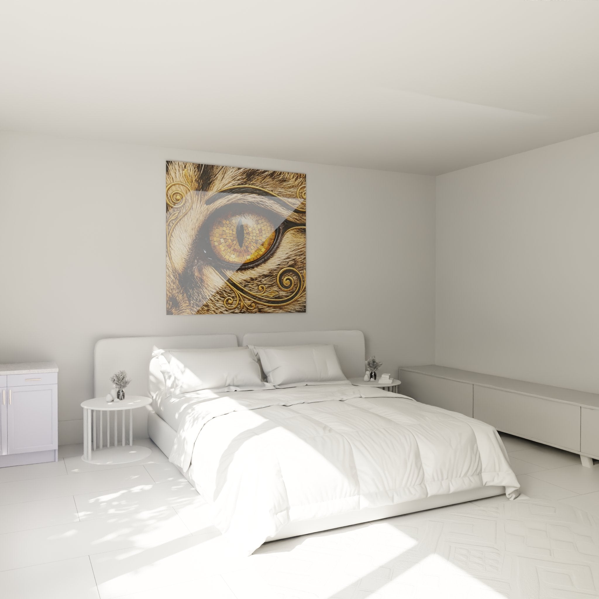 Décoration murale chambre avec tableau œil de chat doré aux motifs ornementaux sophistiqués