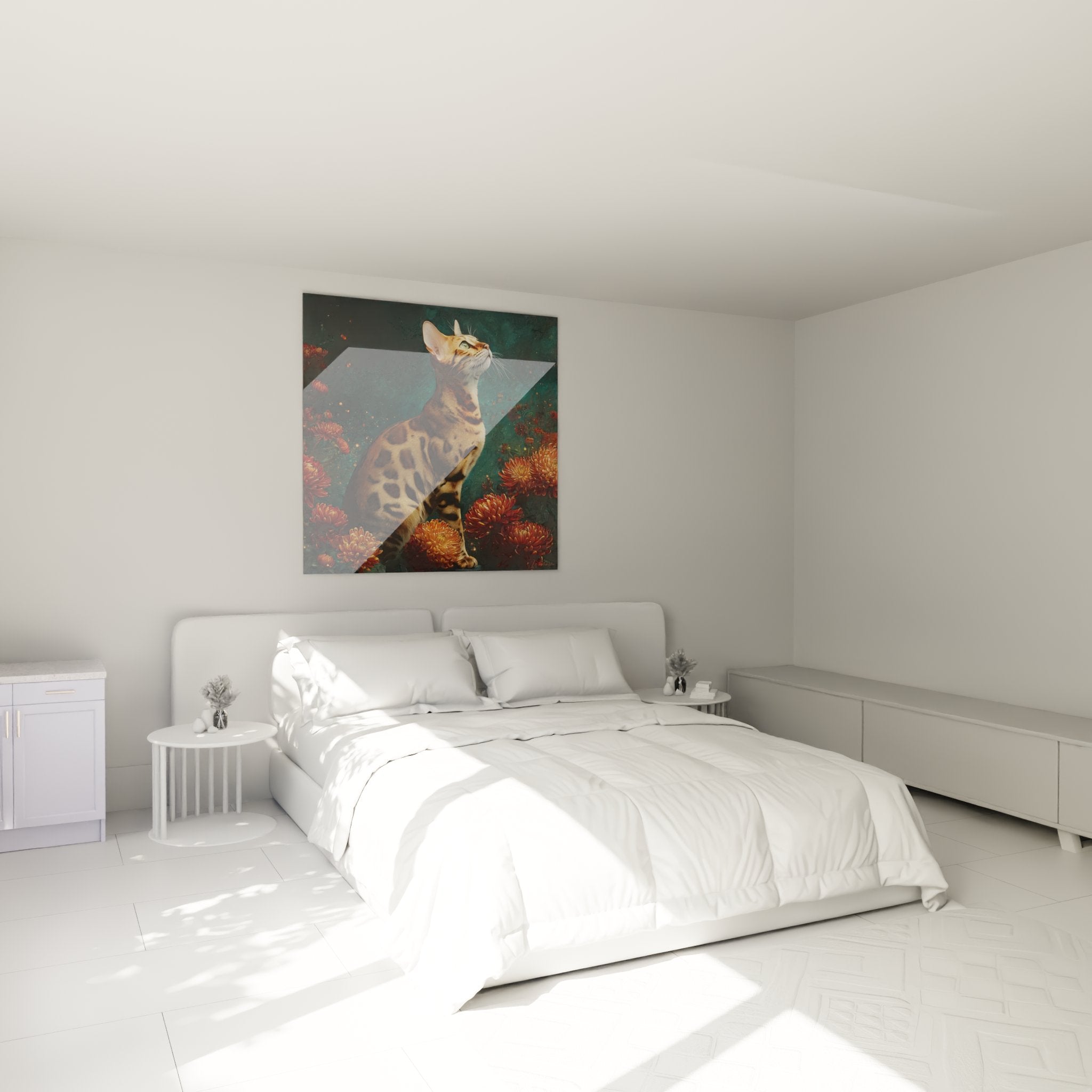 Bedroom decoration with Bengal cat artwork surrounded by chrysanthemums, warm and sophisticated ambiance for interior design