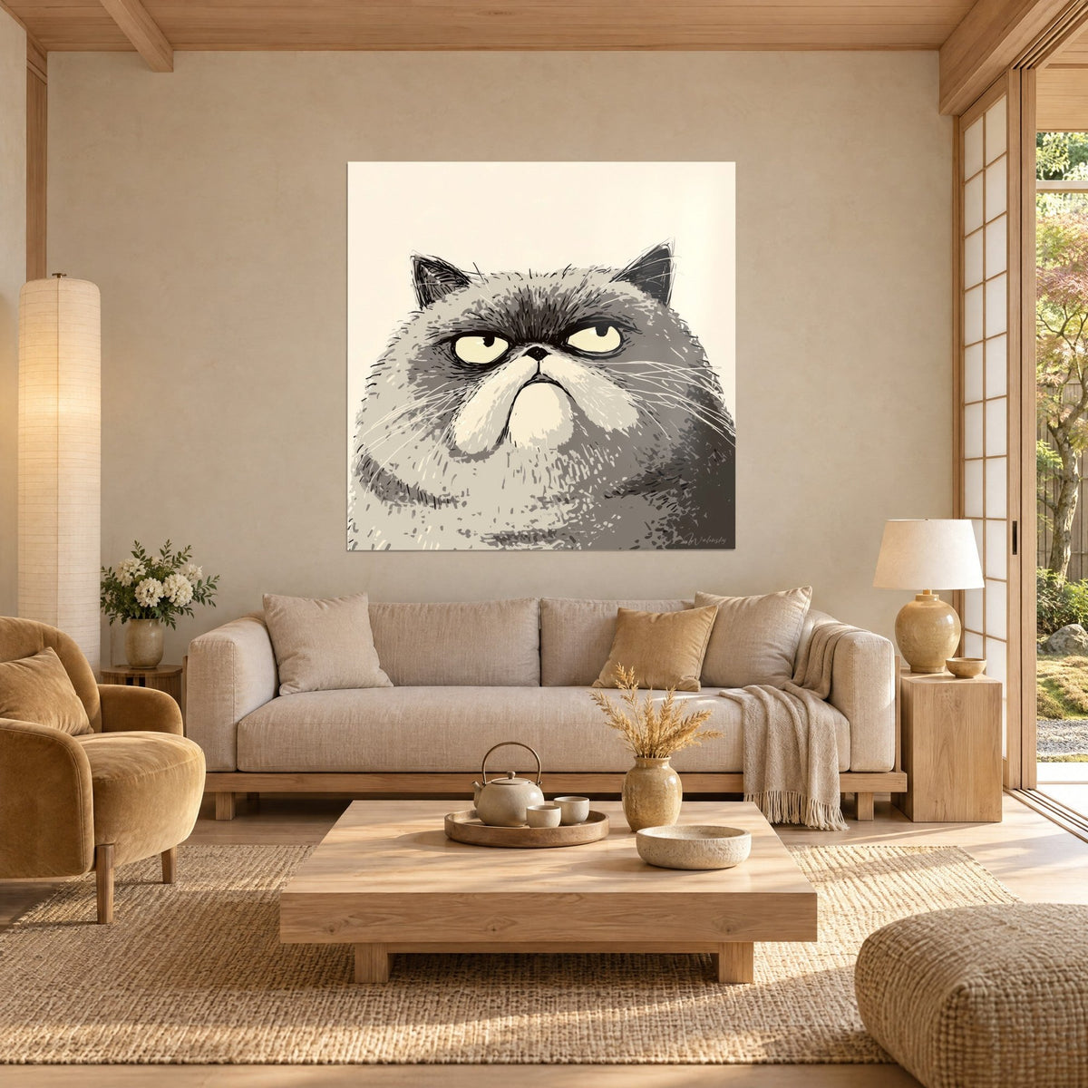 Gemälde Schmollende Katze mit anthrazitgrauem Fell auf cremefarbenem Hintergrund, zusammengezogene Augenbrauen, über einem Sofa in einem hellen Wohnzimmer