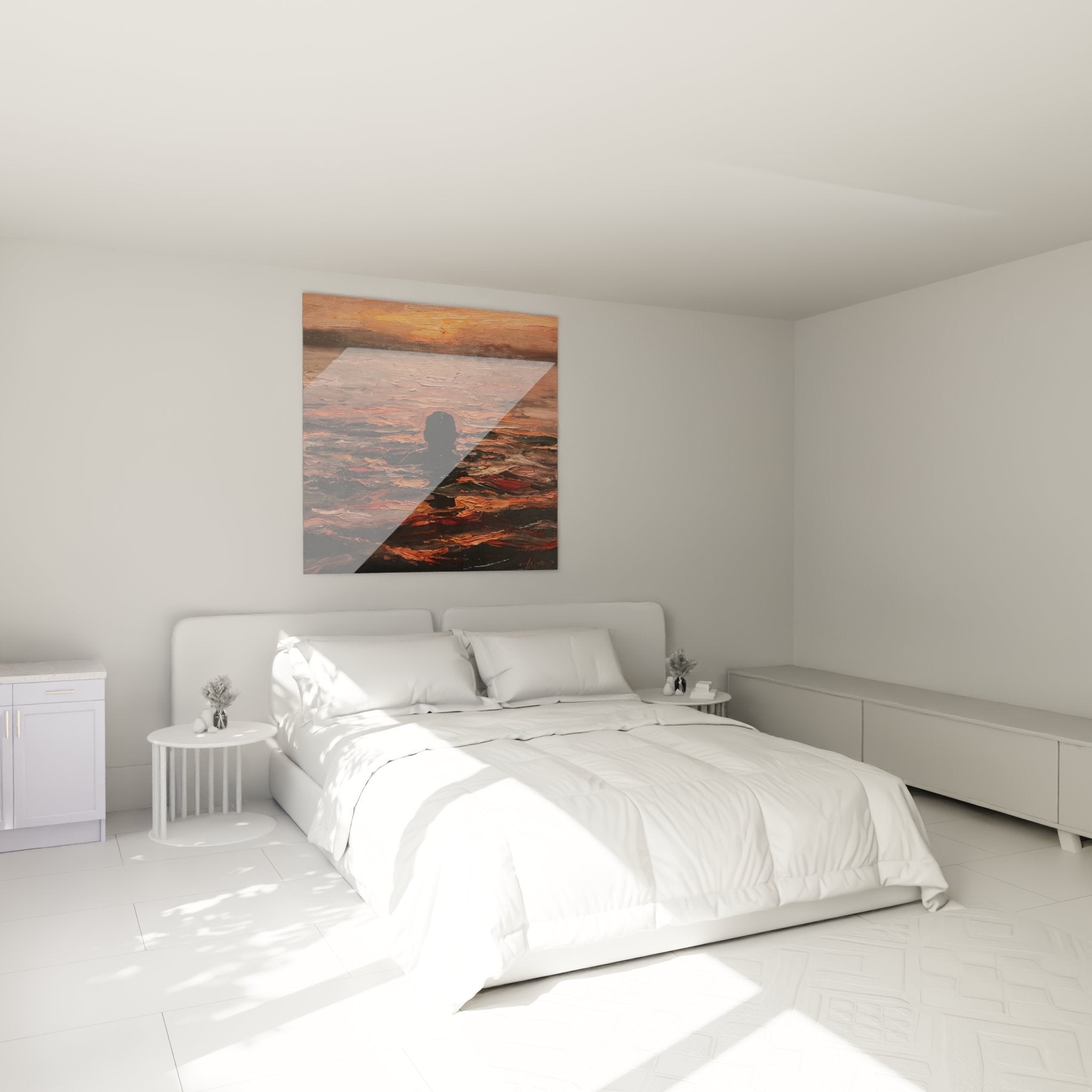 Tableau nageur coucher soleil accroche au mur chambre, decoration murale art natation ambiance chaleureuse