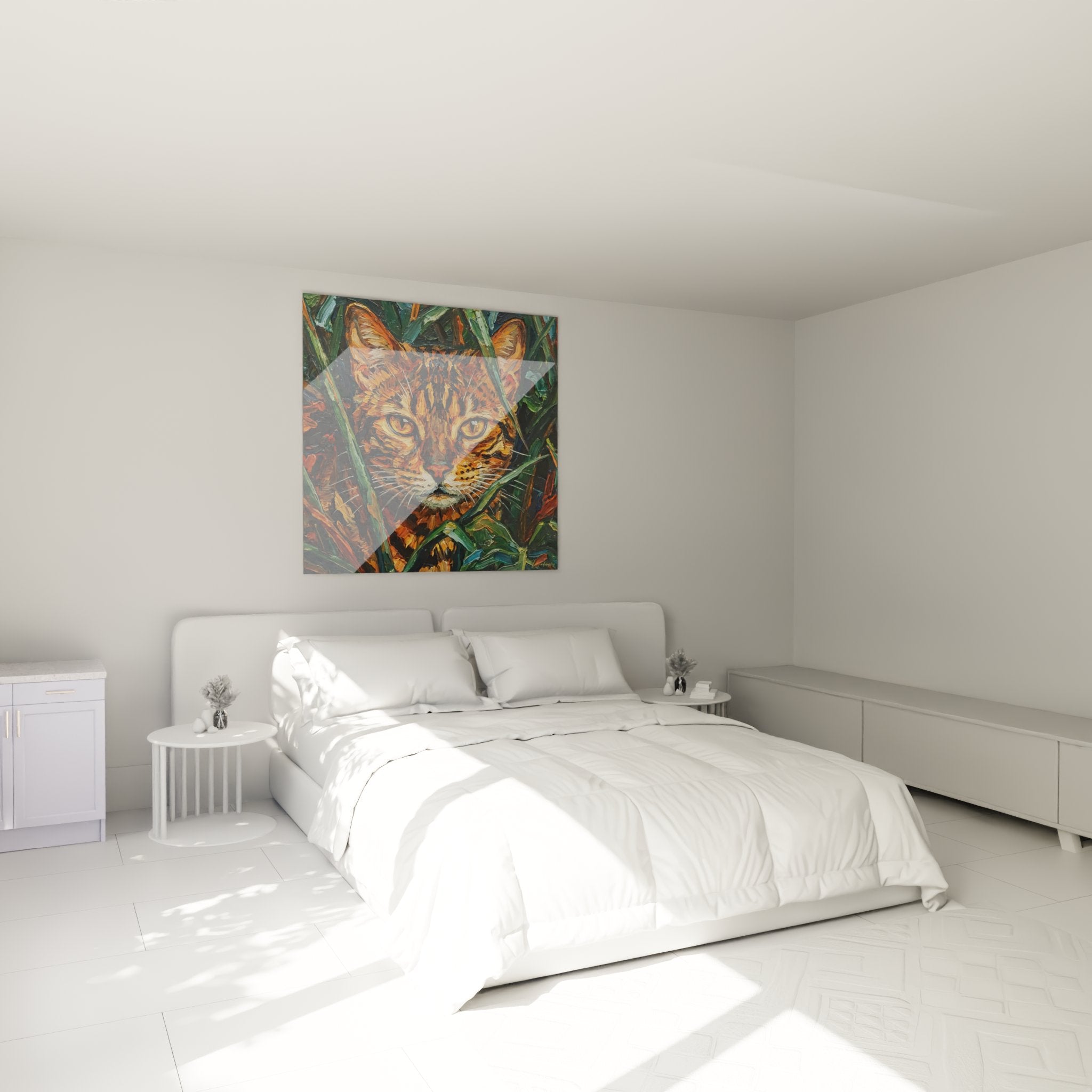 Wall decoration bedroom with Bengal cat orange painting in vegetation, warm and natural ambiance
