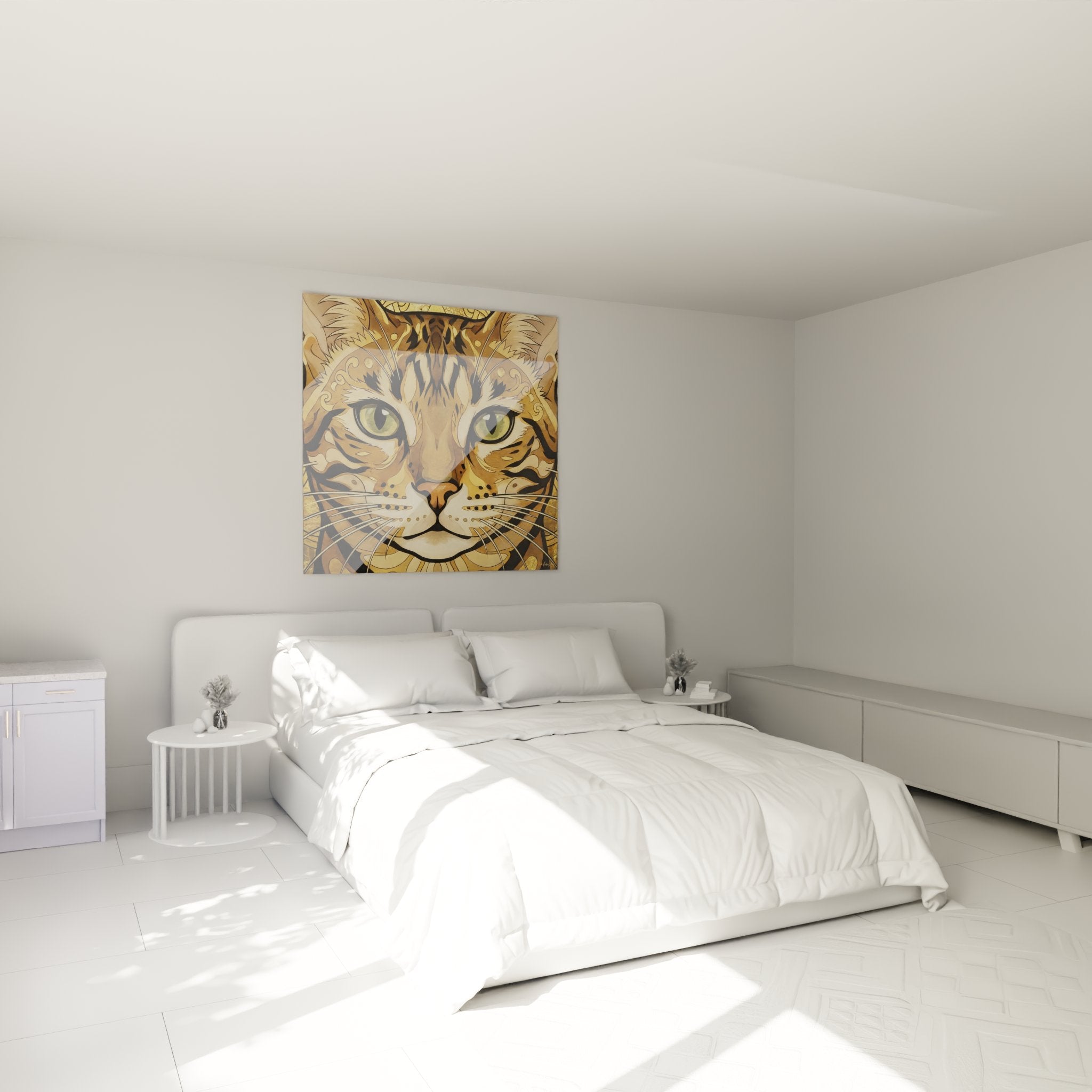 Tableau chat Bengal dore accroche dans une chambre moderne pour decoration murale feline elegante