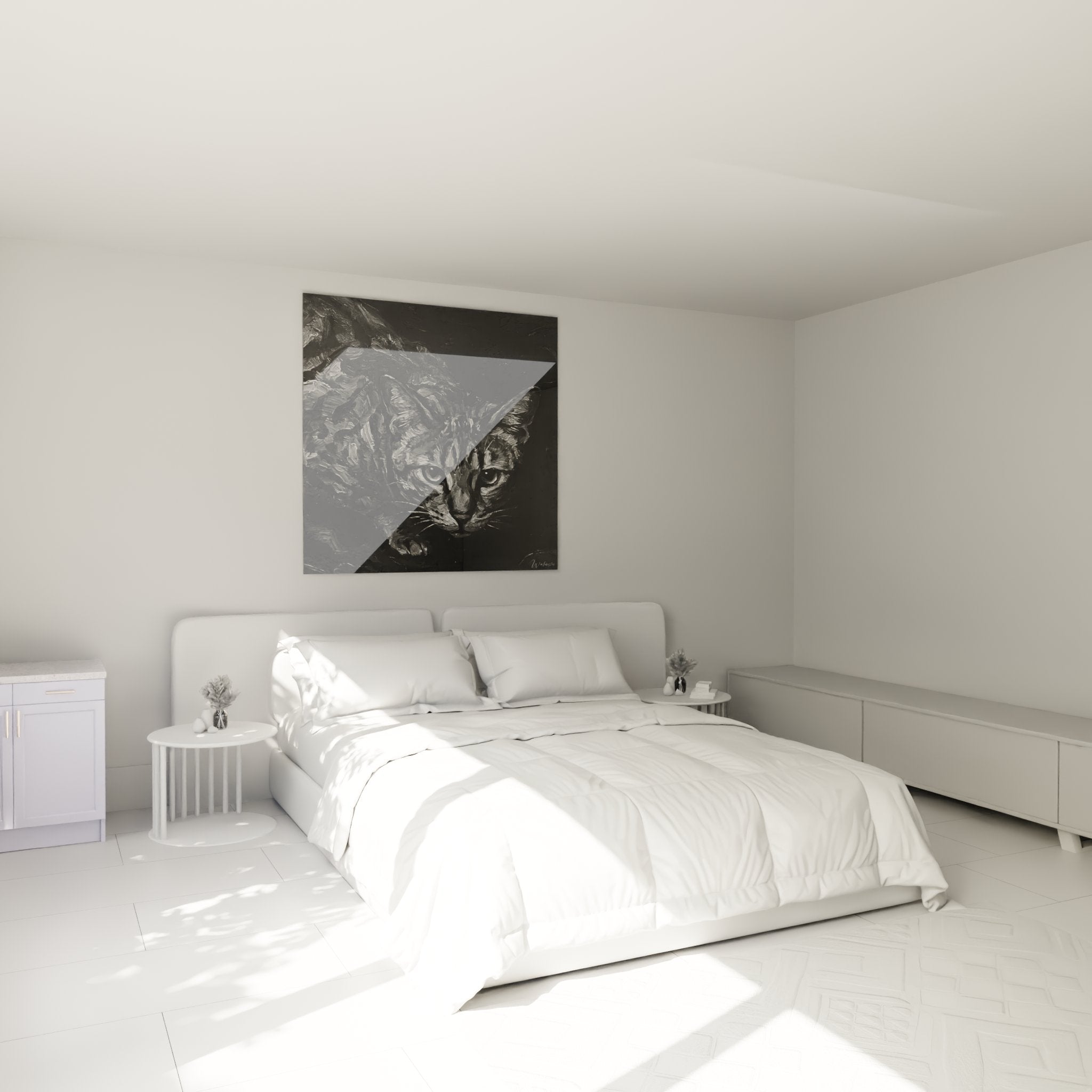 Tableau chat Ocicat noir et blanc accroché dans une chambre moderne, créant une ambiance artistique et apaisante