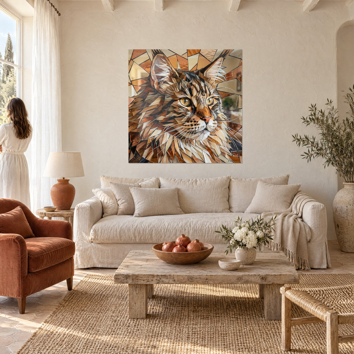 Πίνακας γάτα Maine Coon σε μωσαϊκό από γυαλί χαλκού και ambre, χρυσαφένιο βλέμμα, πάνω από καναπέ σε φωτεινό σαλόνι
