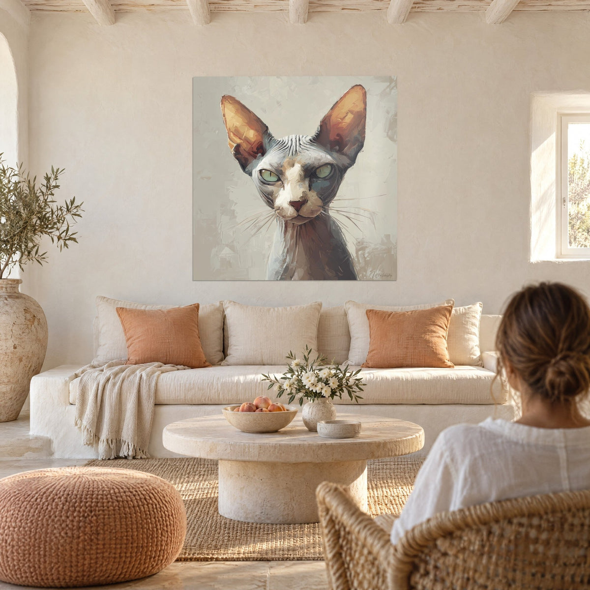 Tableau chat sphynx aux grandes oreilles ocre et regard vert pâle sur fond beige, au-dessus d'un canapé dans un salon lumineux