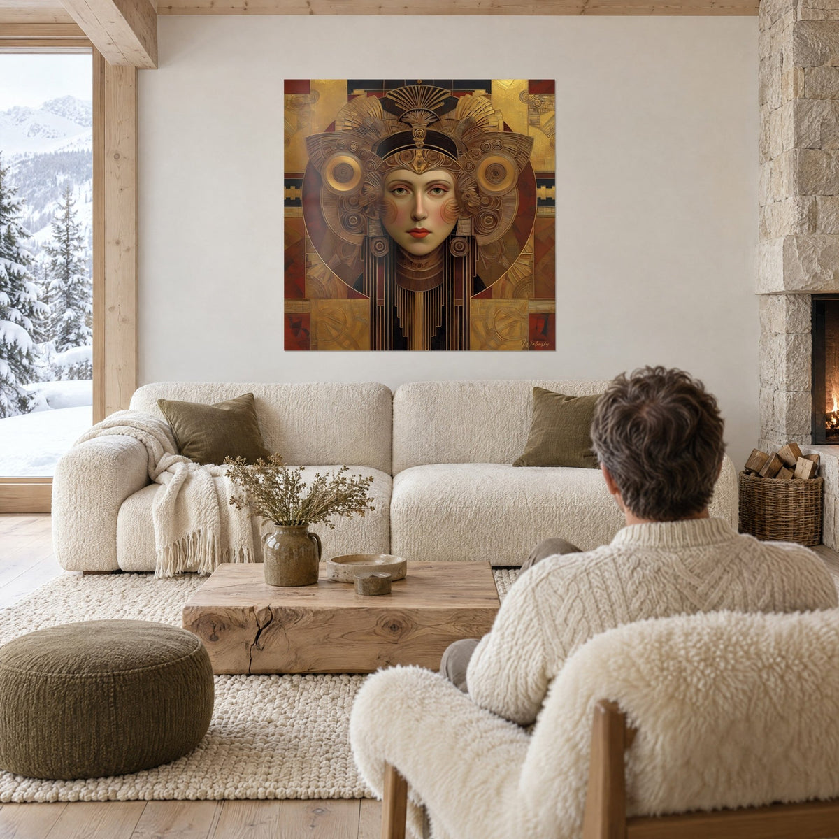 Gemälde Art-déco-Göttin mit elfenbeinfarbenem Gesicht und goldener Fächerkrone, ziegelroter Hintergrund, über einem Sofa in einem hellen Wohnzimmer