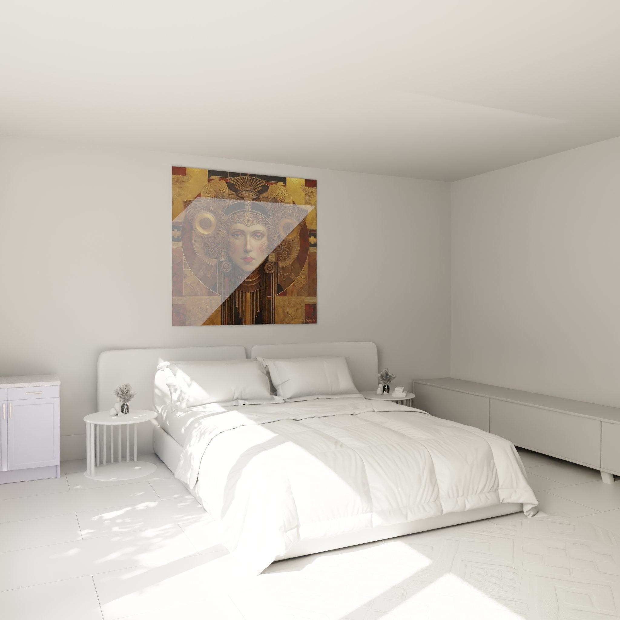 Wanddekoration Art-Deco mit Porträt einer goldenen Göttin in einem modernen und eleganten Schlafzimmer