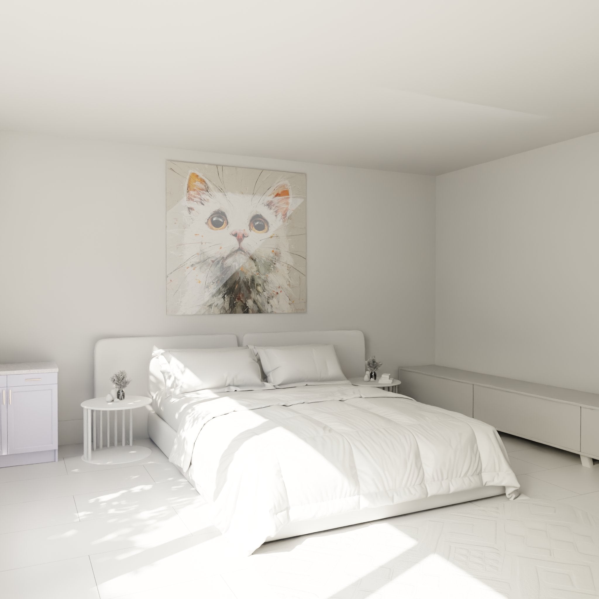 White cat painting with golden eyes hanging on bedroom wall interior decoration contemporary American Bobtail style