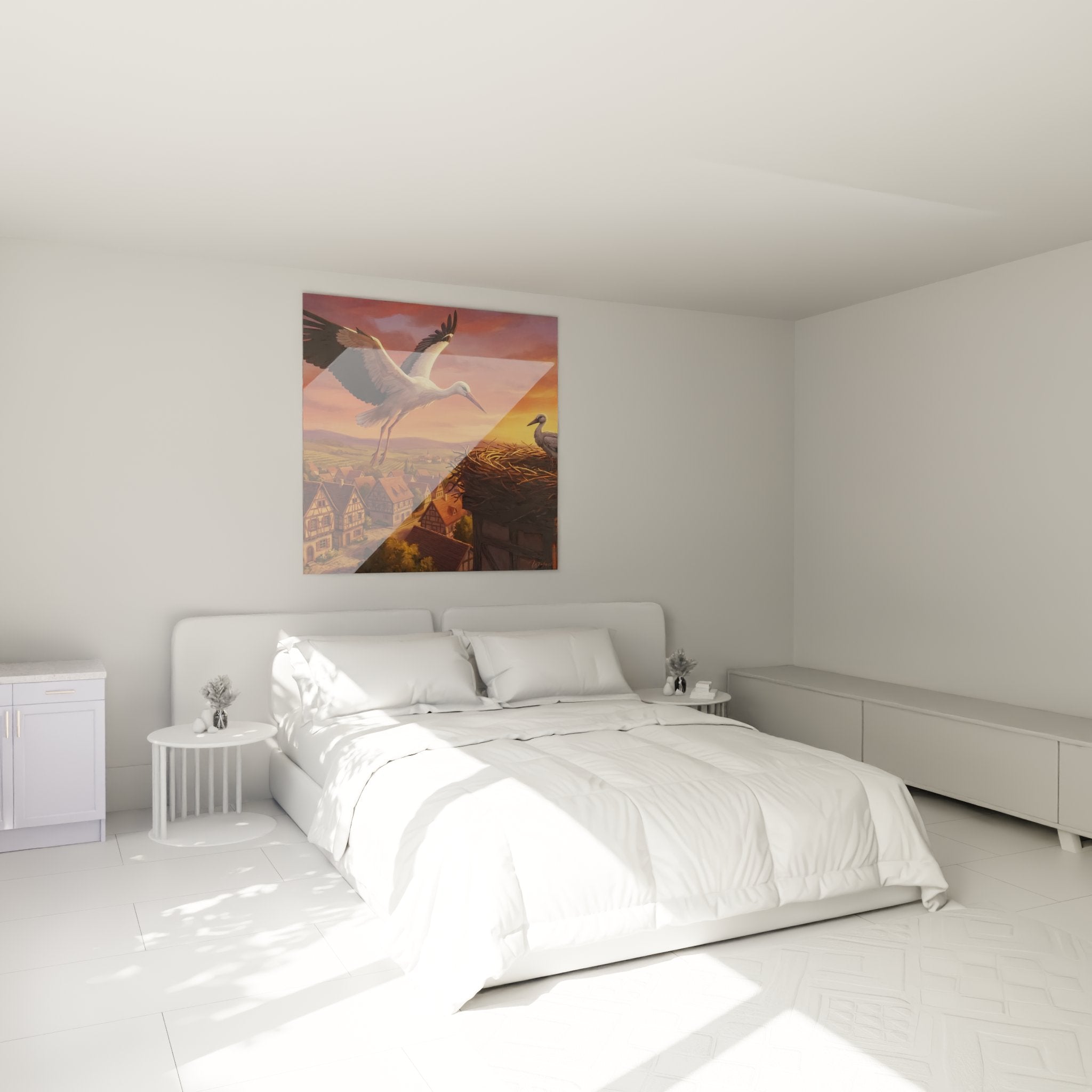 Decoration murale chambre tableau cigognes village traditionnel ambiance chaleureuse coucher soleil