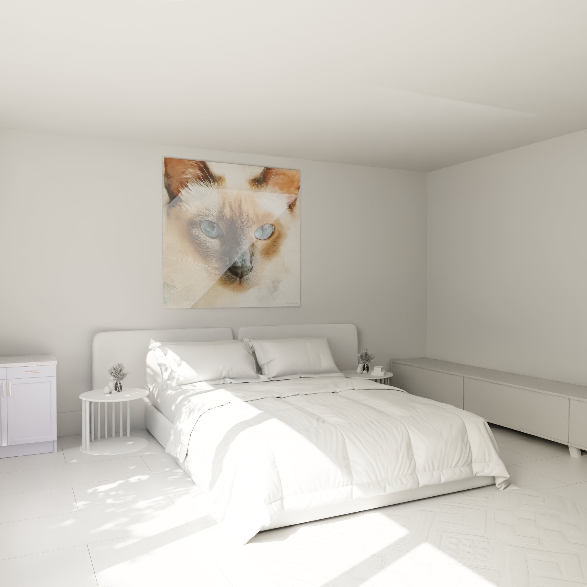 Tableau chat siamois yeux bleus accroche au mur chambre, ambiance decoration moderne et elegante