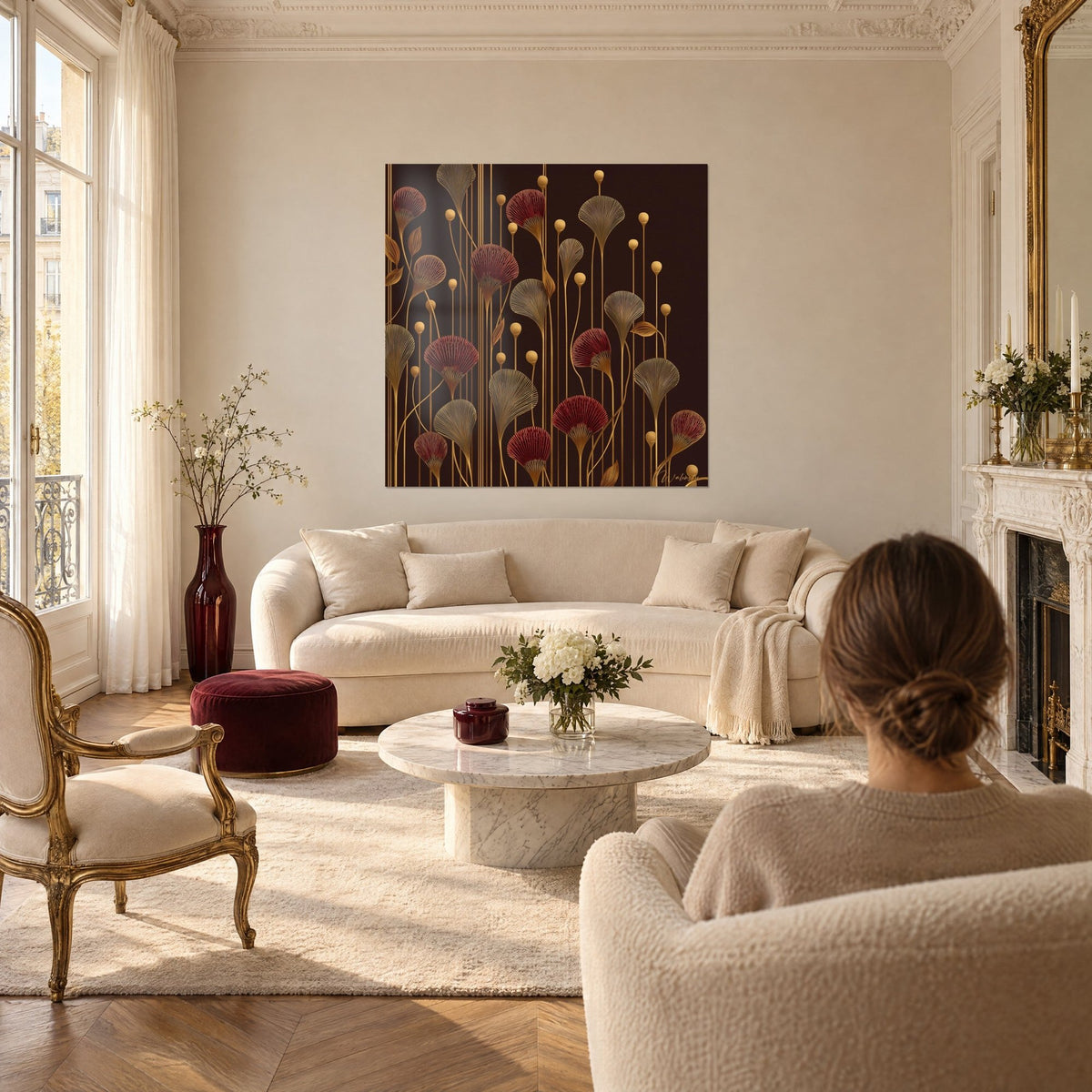 Tableau fleurs en éventail bordeaux et or sur fond brun, tiges dorées fines, au-dessus d'un canapé dans un salon lumineux